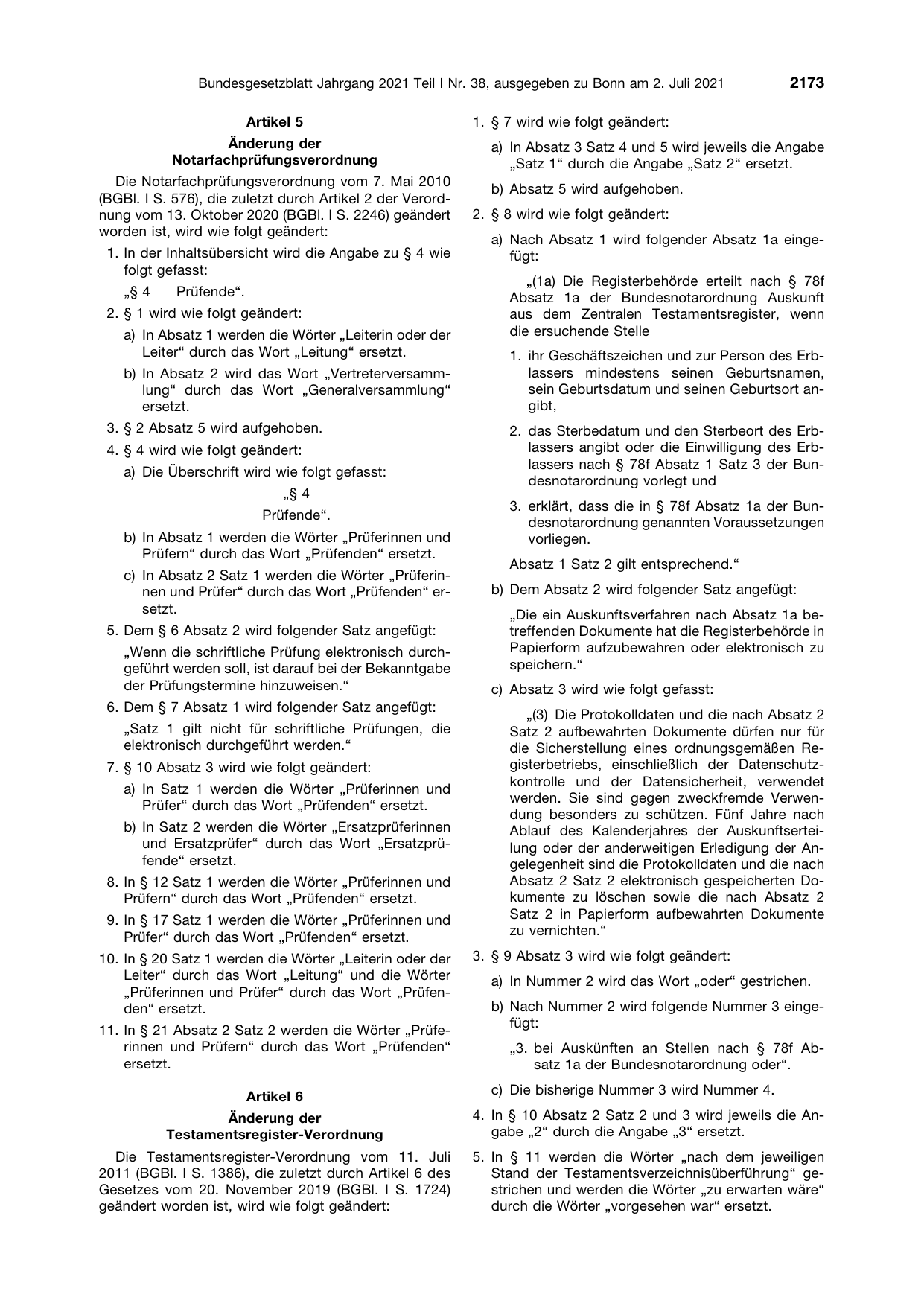 BGBl. 2021, Seite 2173 — Originalseite als Abbildung
