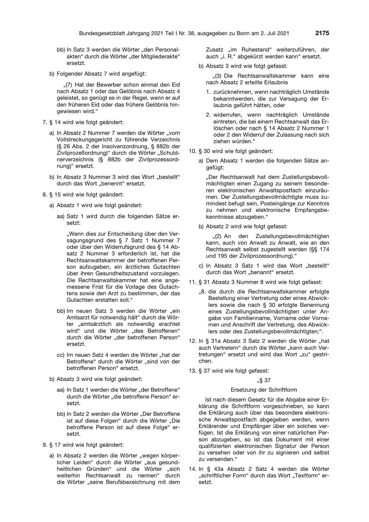 BGBl. 2021, Seite 2175 — Originalseite als Abbildung