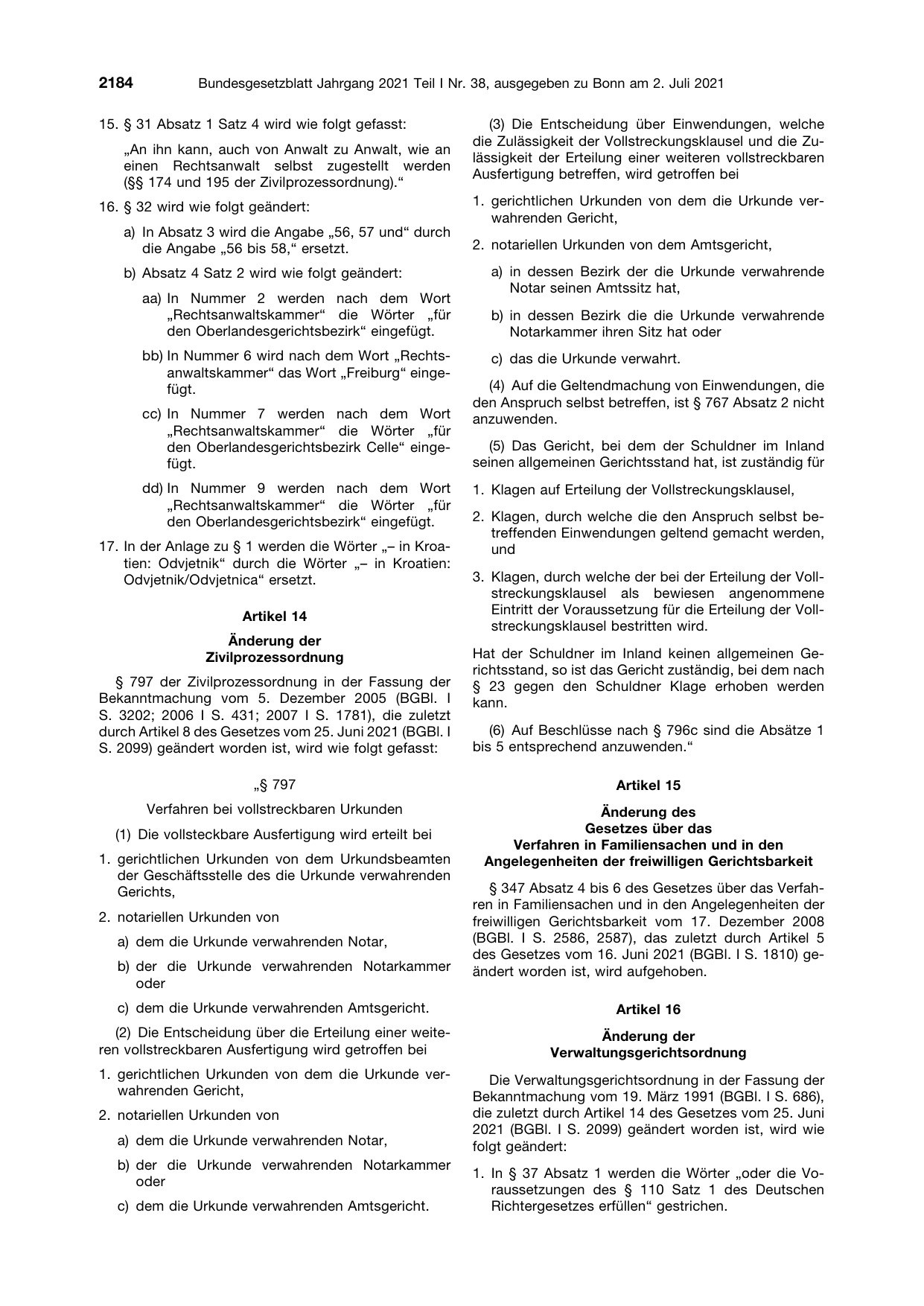 BGBl. 2021, Seite 2184 — Originalseite als Abbildung