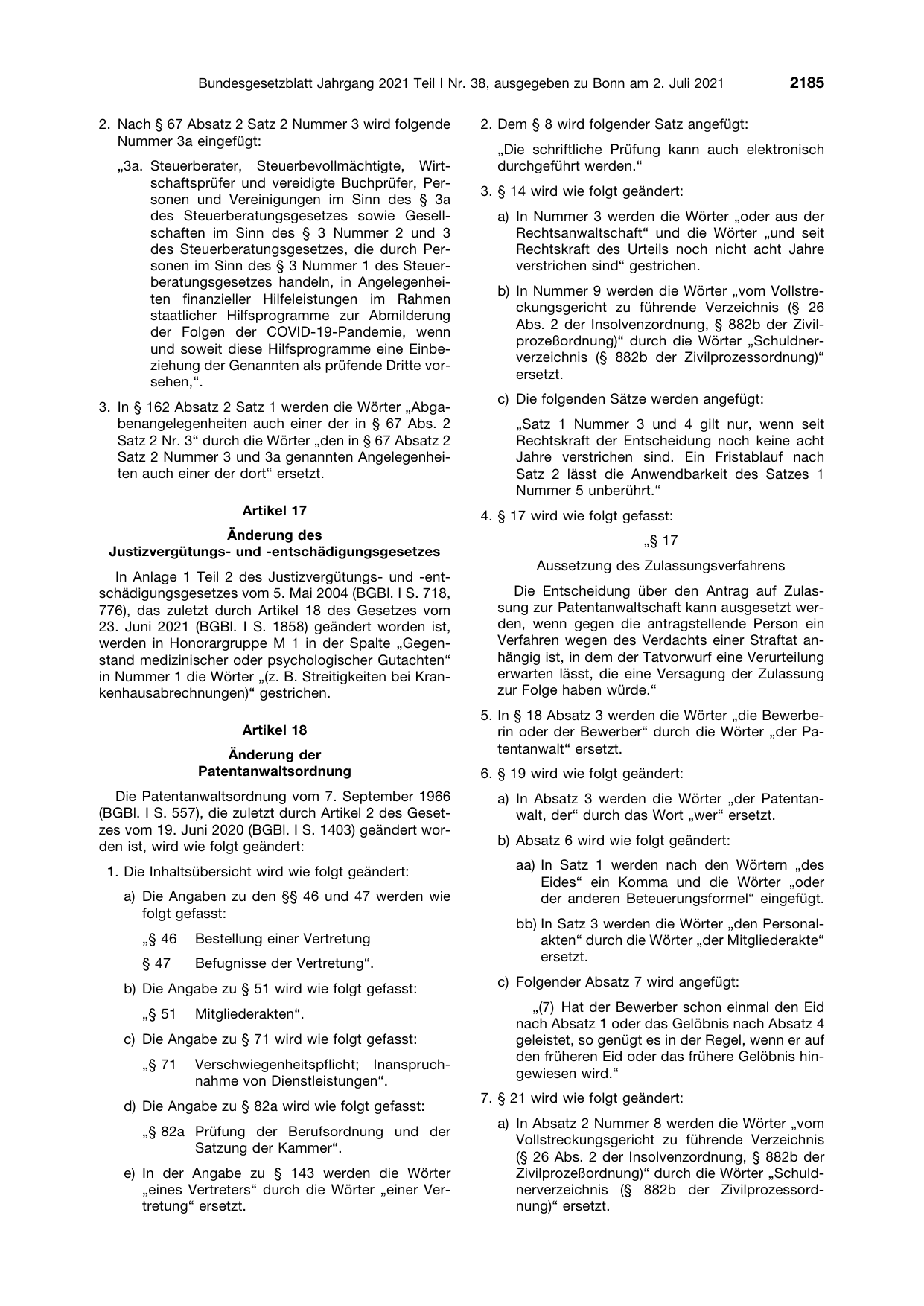 BGBl. 2021, Seite 2185 — Originalseite als Abbildung