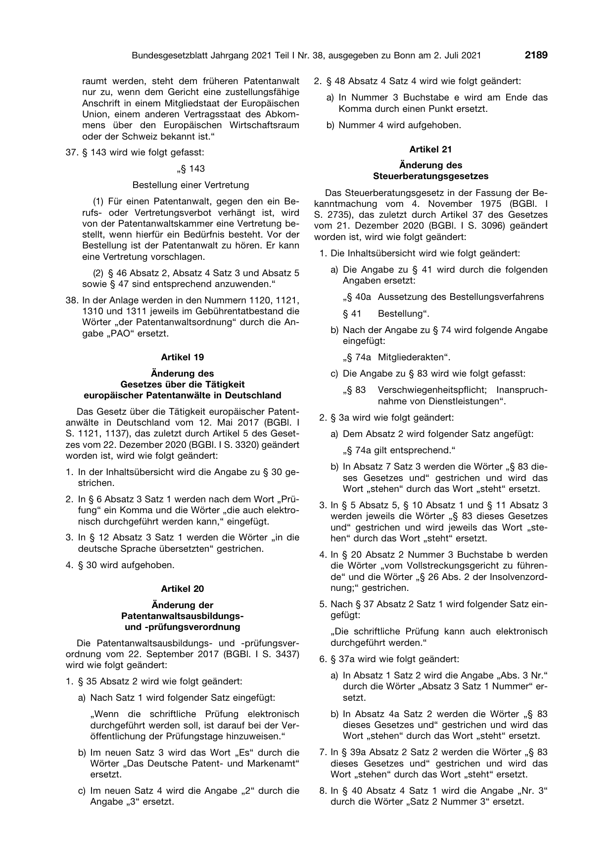 BGBl. 2021, Seite 2189 — Originalseite als Abbildung