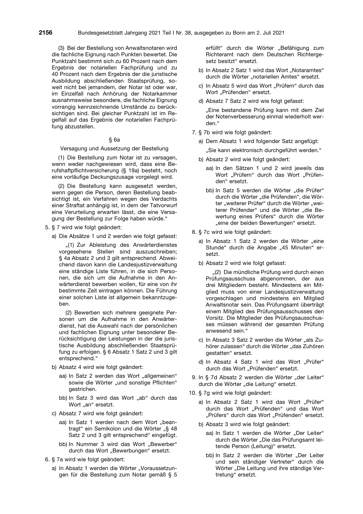 BGBl. 2021, Seite 2156 — Originalseite als Abbildung
