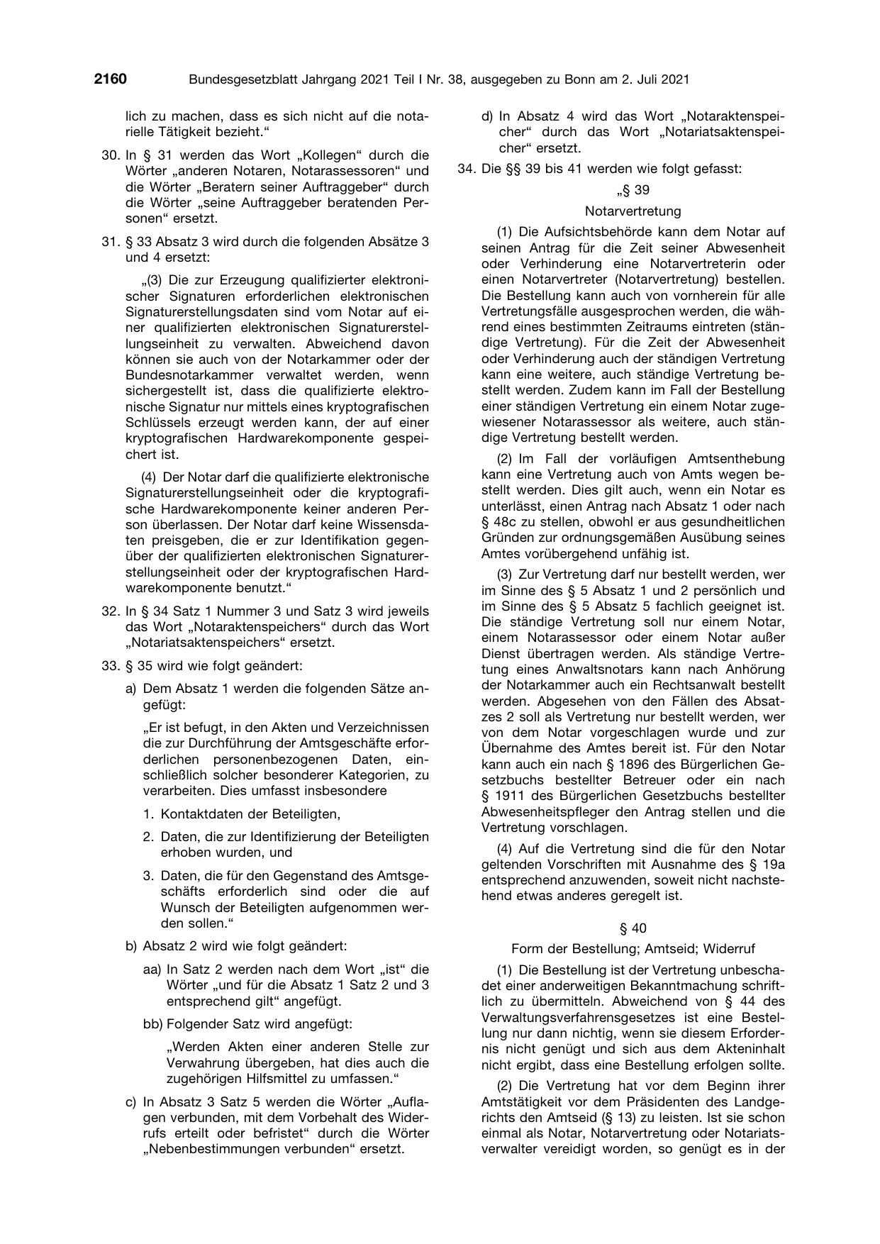 BGBl. 2021, Seite 2160 — Originalseite als Abbildung