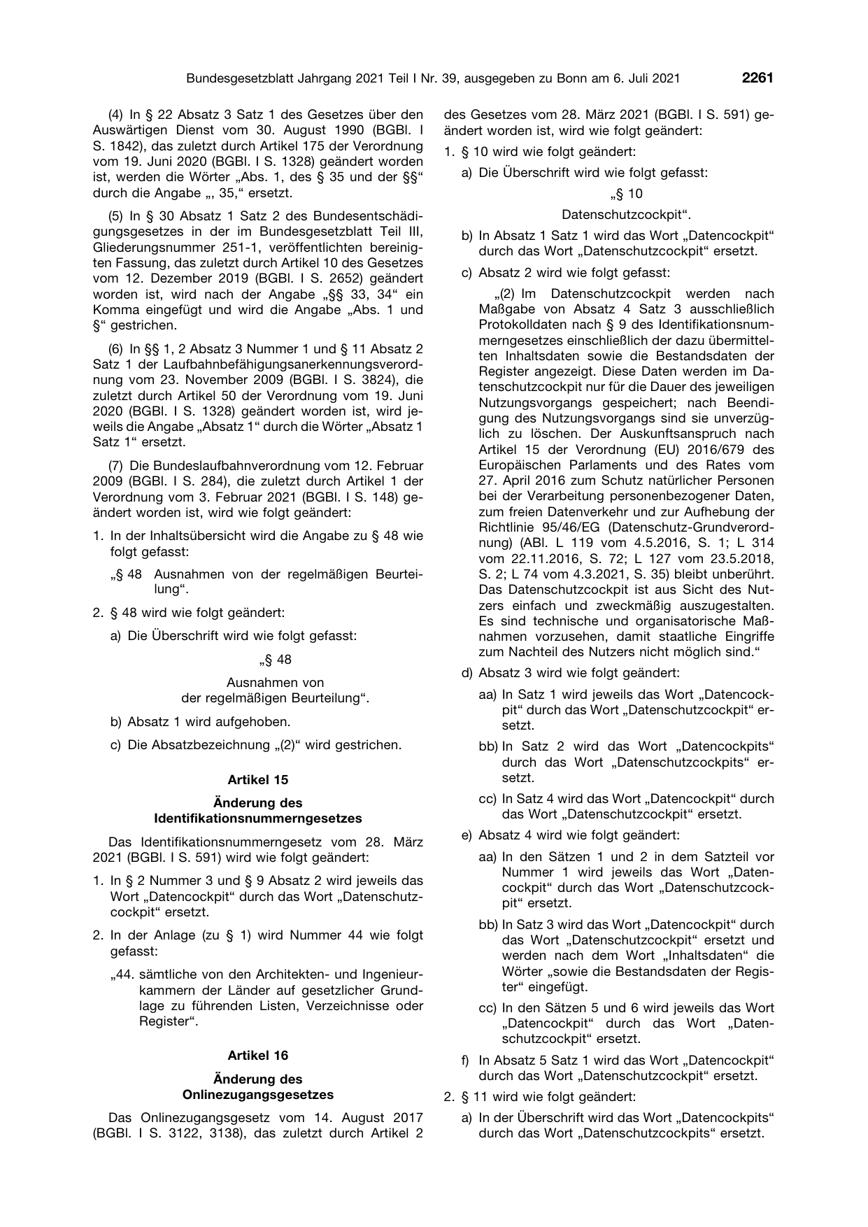 BGBl. 2021, Seite 2261 — Originalseite als Abbildung