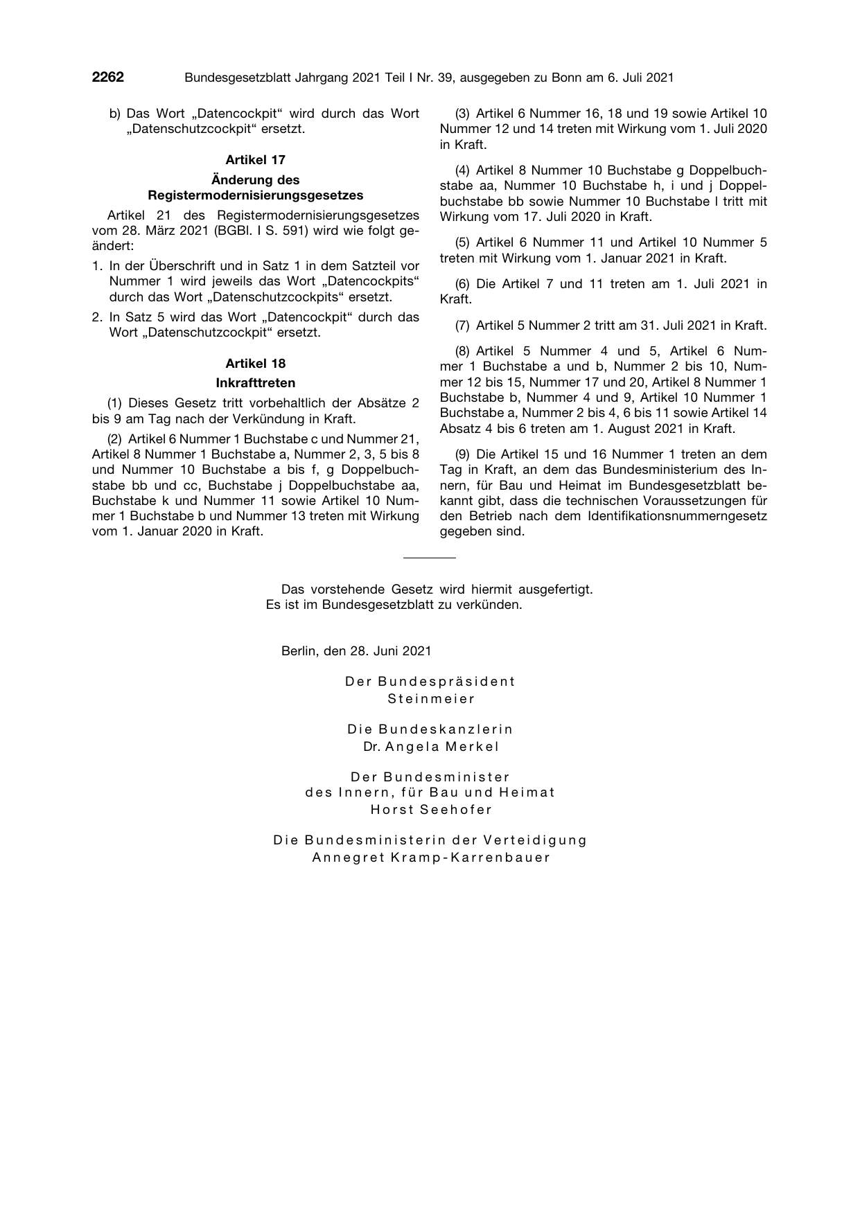 BGBl. 2021, Seite 2262 — Originalseite als Abbildung