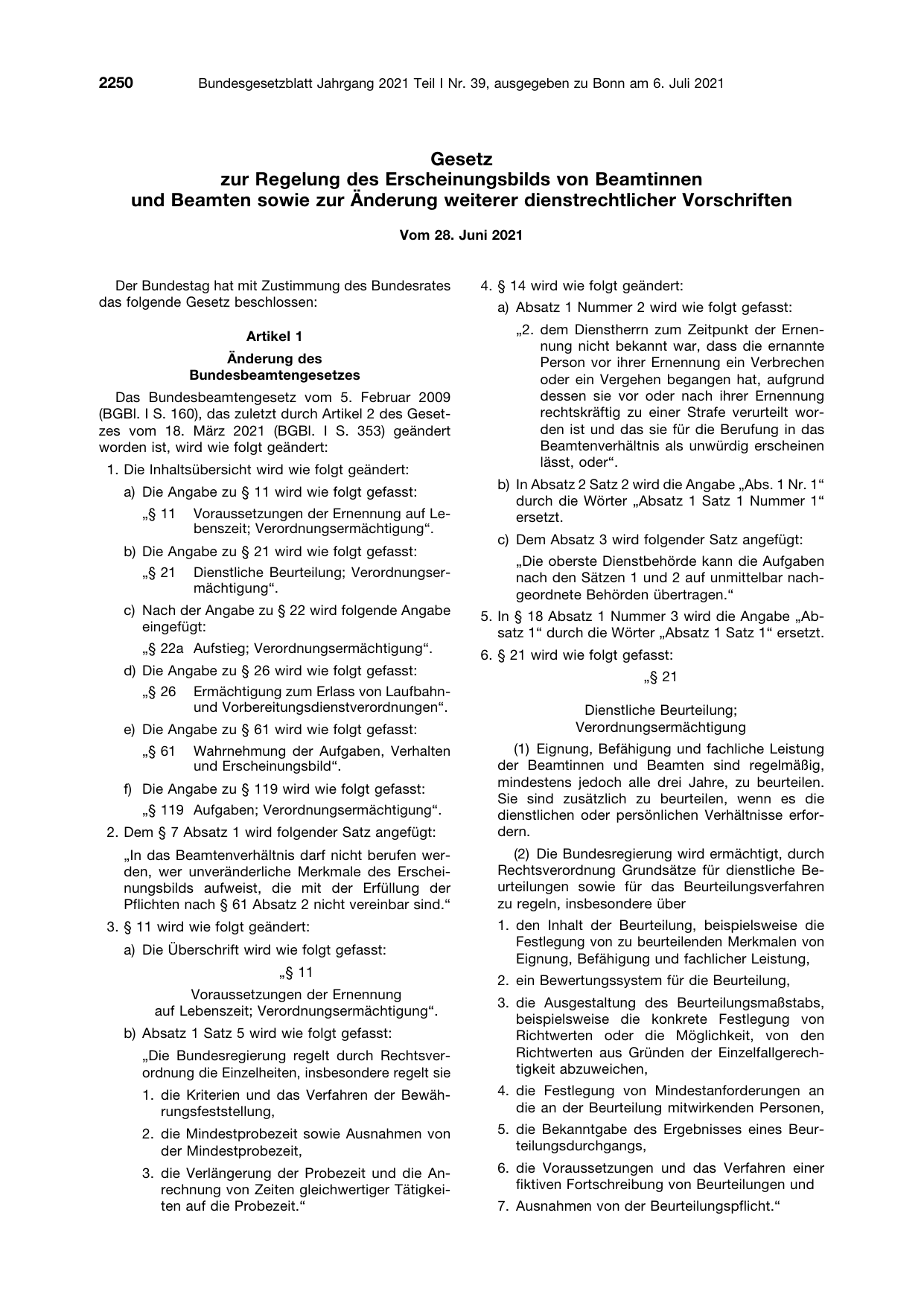 BGBl. 2021, Seite 2250 — Originalseite als Abbildung