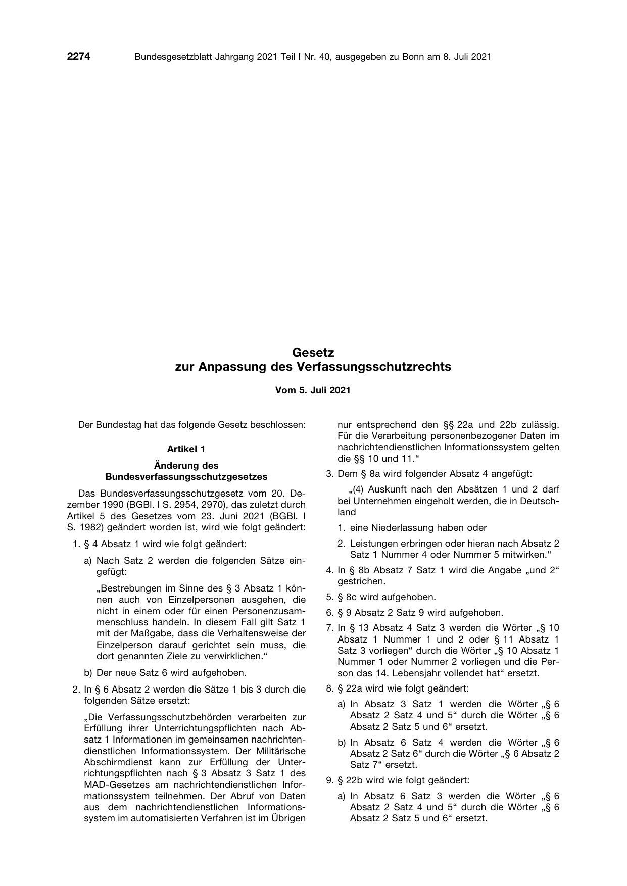 BGBl. 2021, Seite 2274 — Originalseite als Abbildung