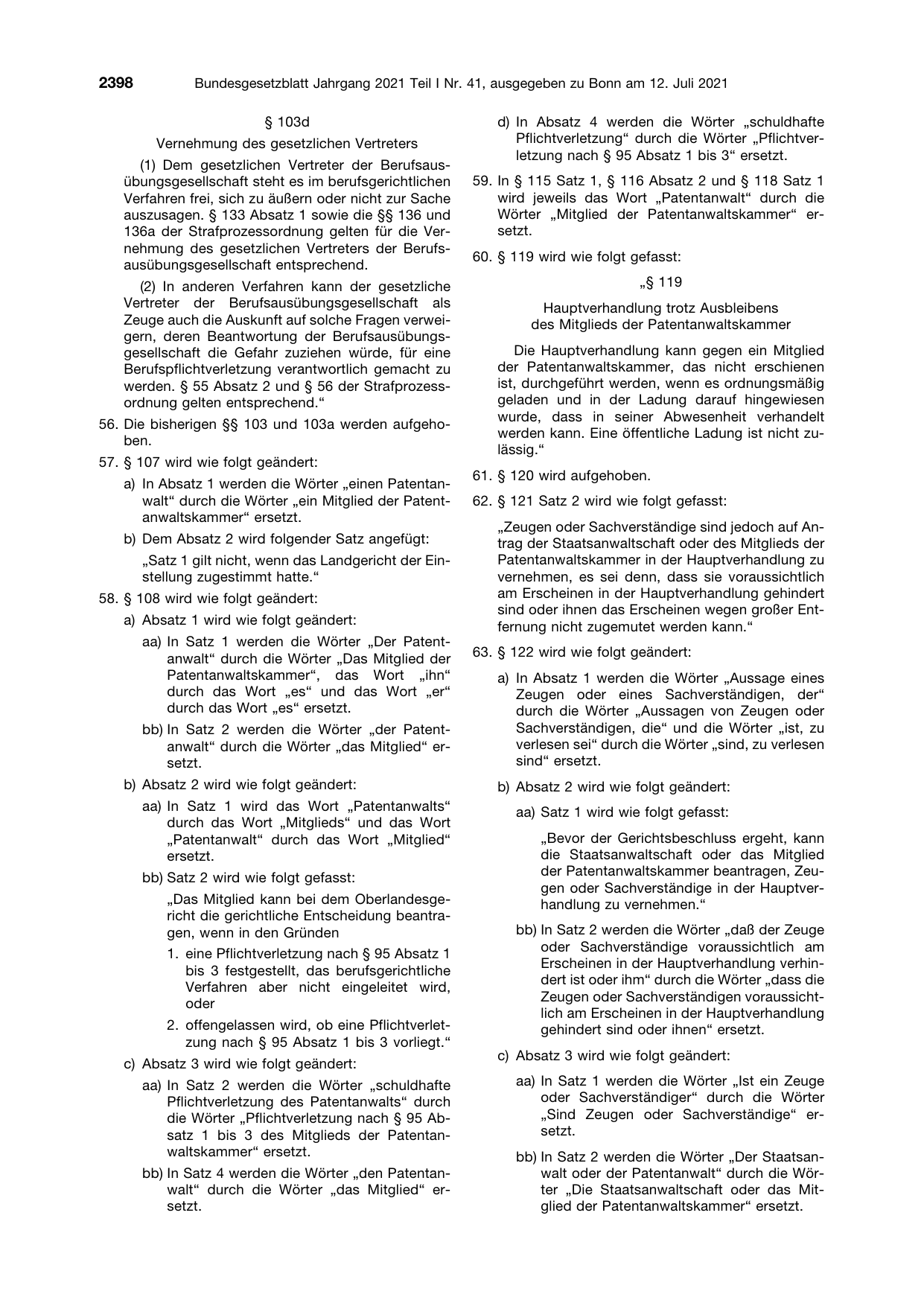 BGBl. 2021, Seite 2398 — Originalseite als Abbildung