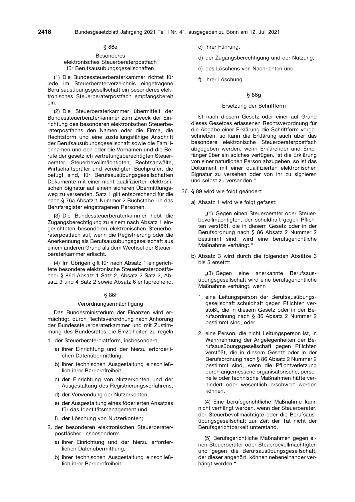 BGBl. 2021, Seite 2418 — Originalseite als Abbildung