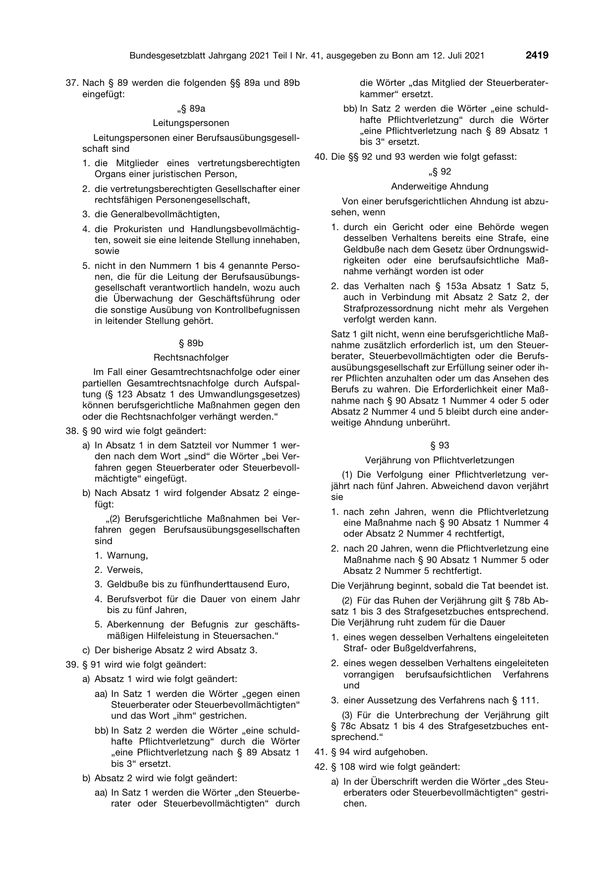 BGBl. 2021, Seite 2419 — Originalseite als Abbildung