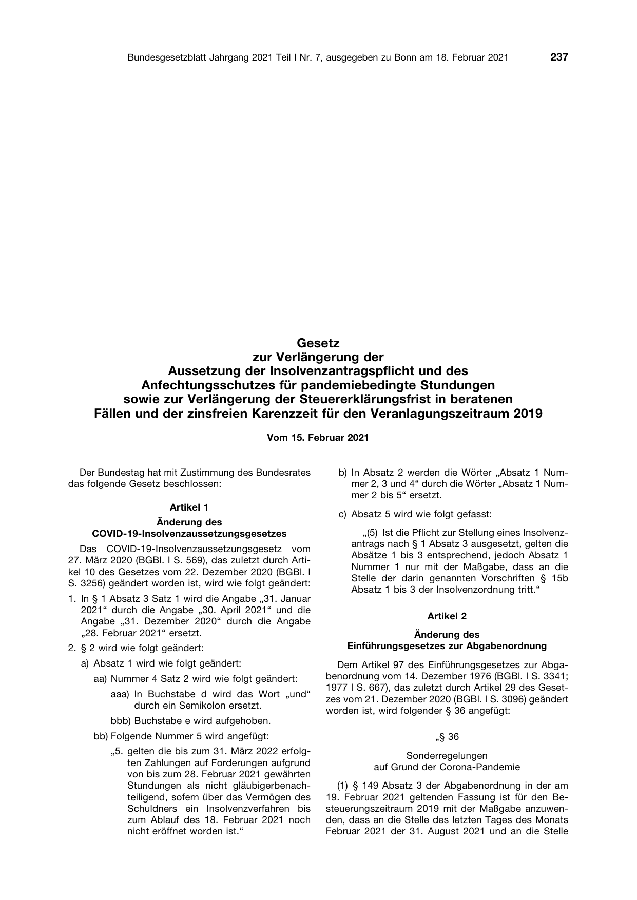 BGBl. 2021, Seite 237 — Originalseite als Abbildung