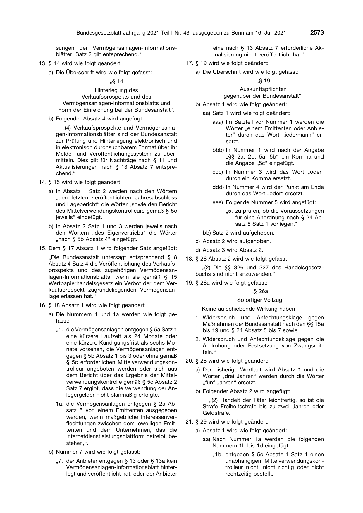 BGBl. 2021, Seite 2573 — Originalseite als Abbildung