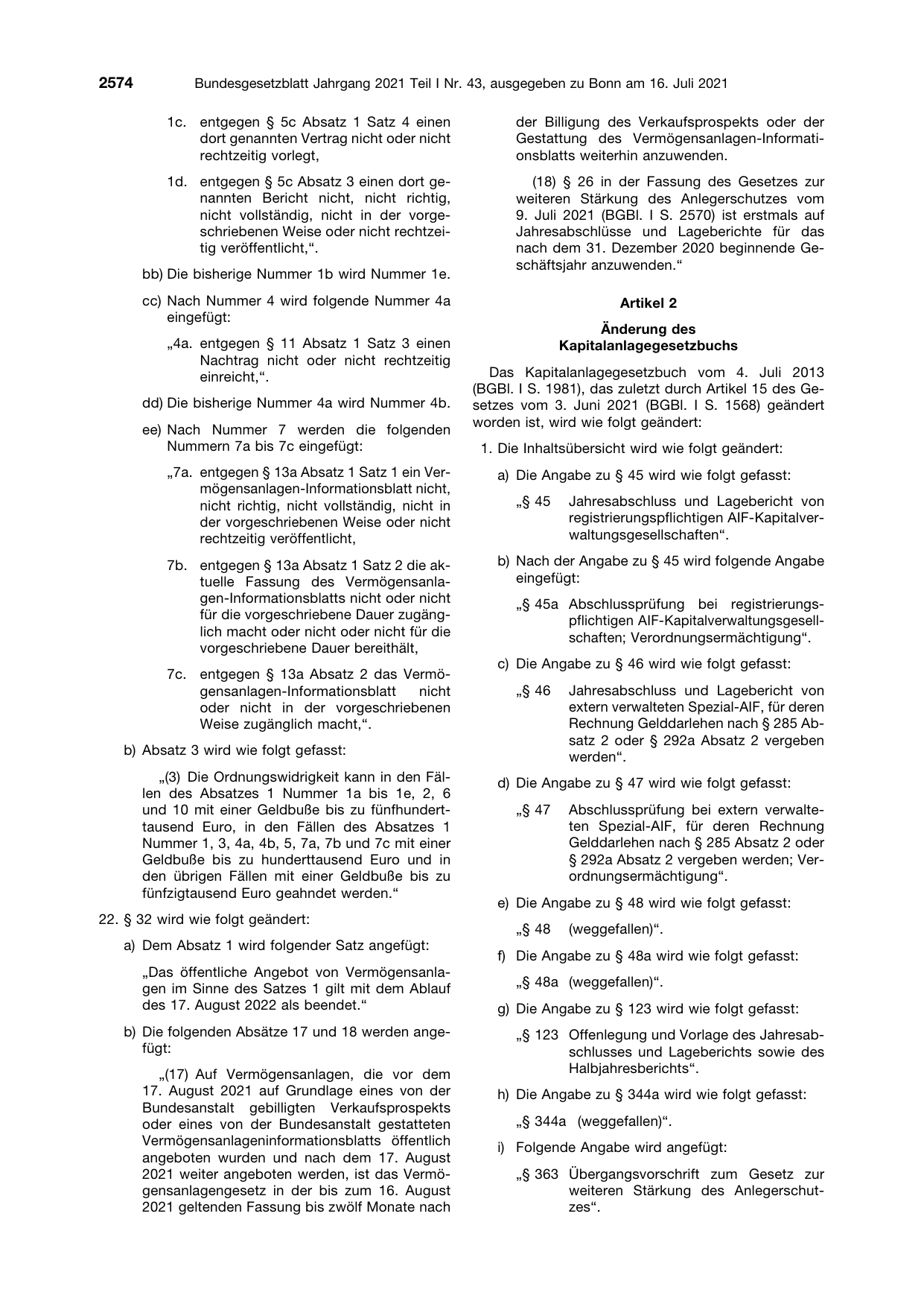 BGBl. 2021, Seite 2574 — Originalseite als Abbildung