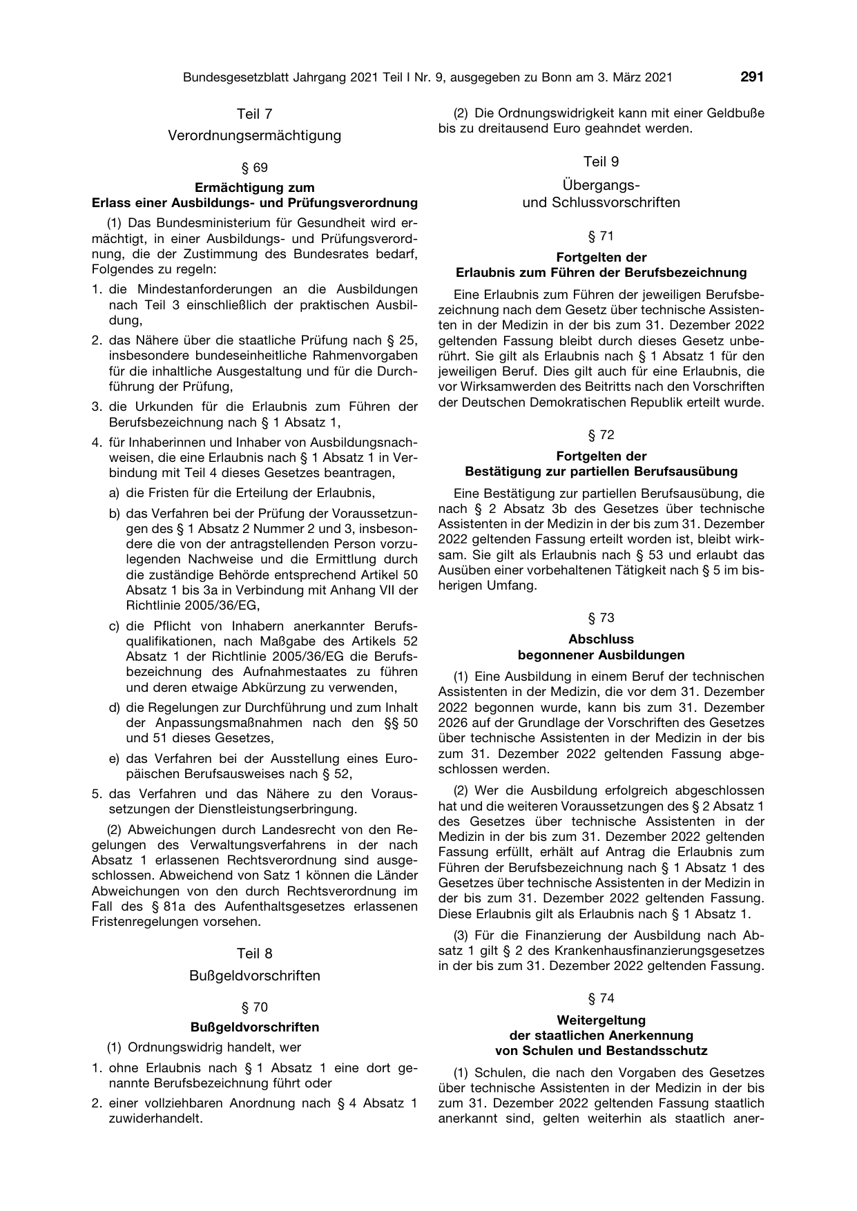 BGBl. 2021, Seite 291 — Originalseite als Abbildung
