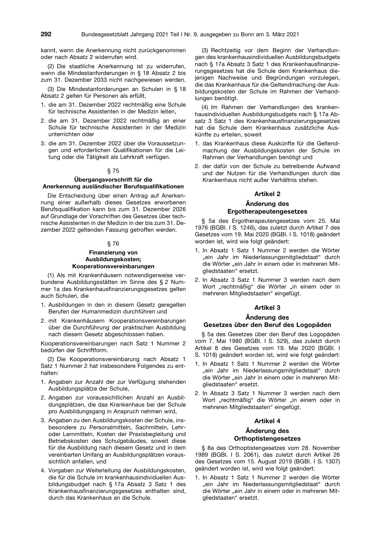 BGBl. 2021, Seite 292 — Originalseite als Abbildung