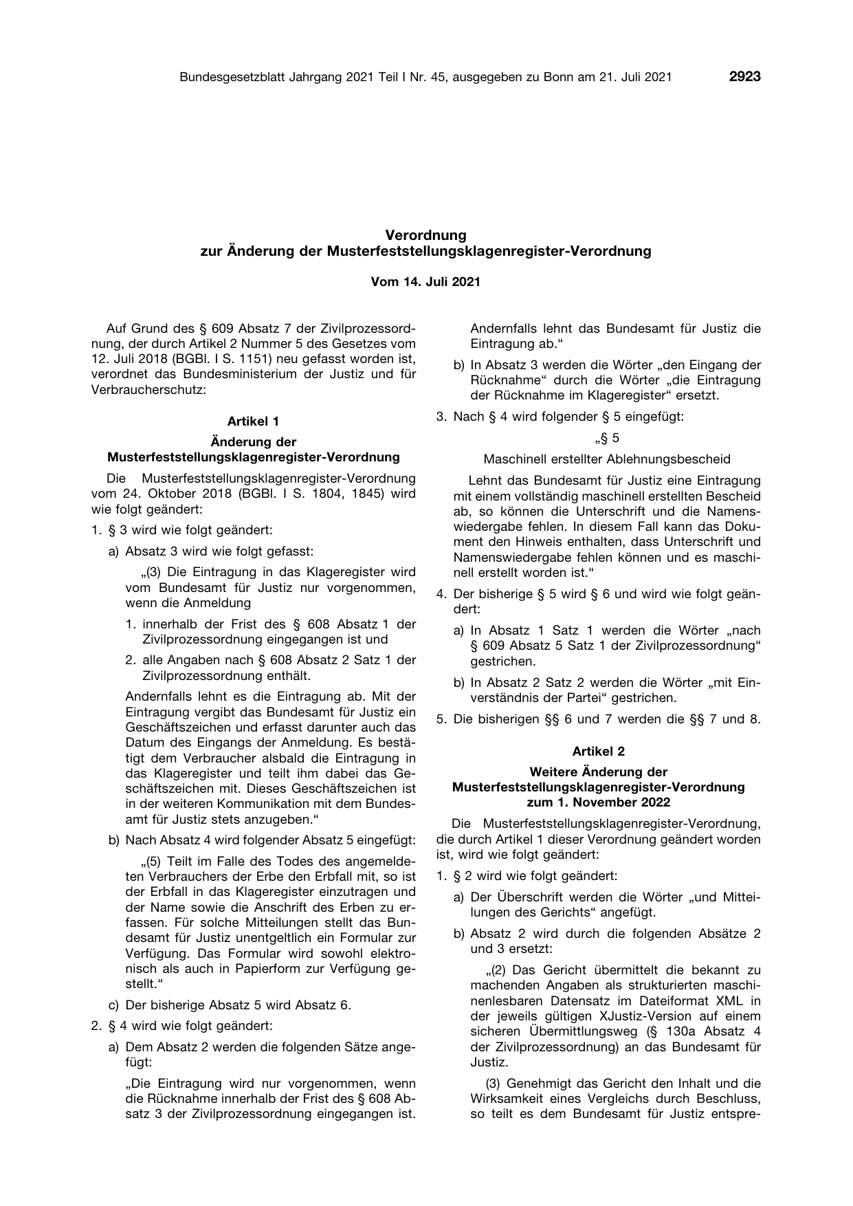 BGBl. 2021, Seite 2923 — Originalseite als Abbildung