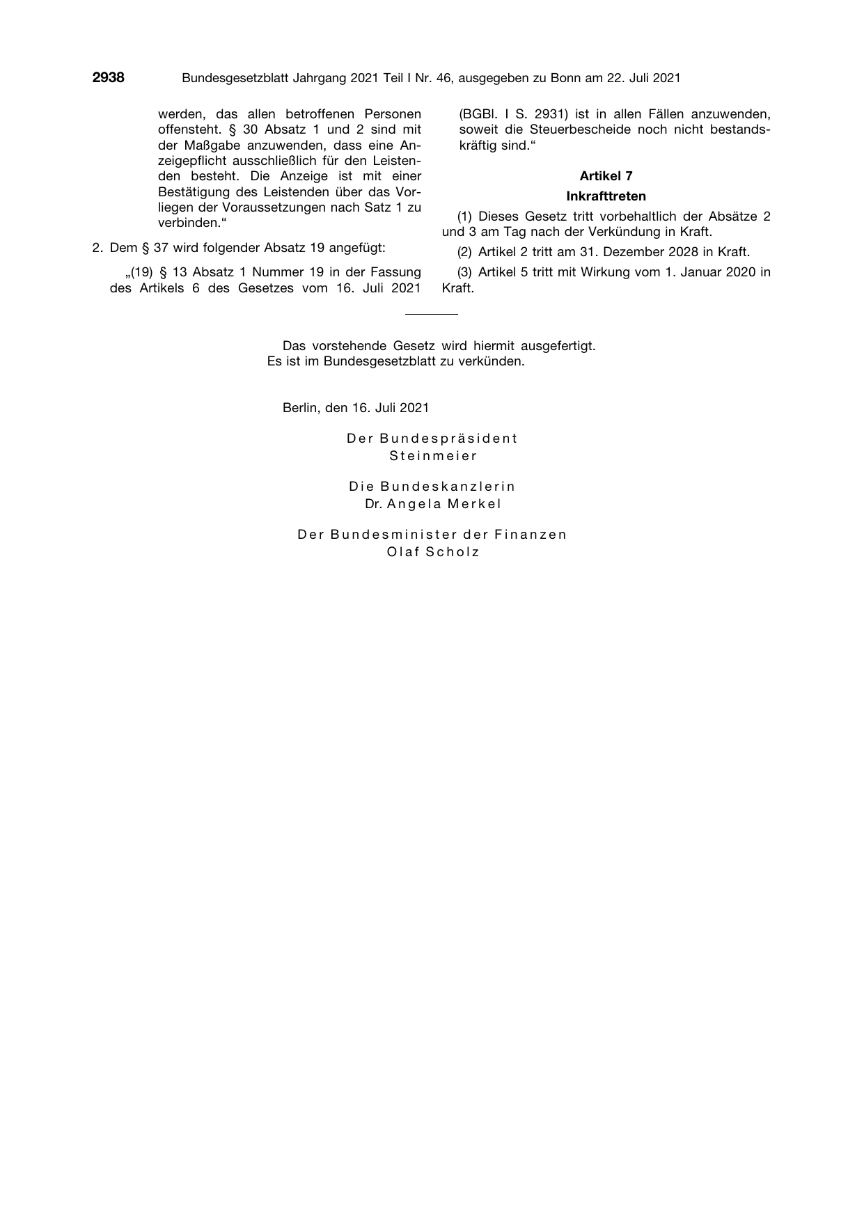 BGBl. 2021, Seite 2938 — Originalseite als Abbildung