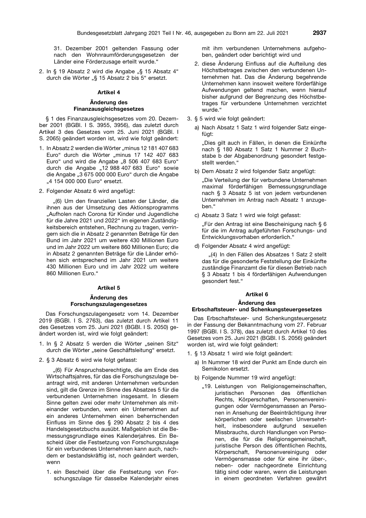 BGBl. 2021, Seite 2937 — Originalseite als Abbildung