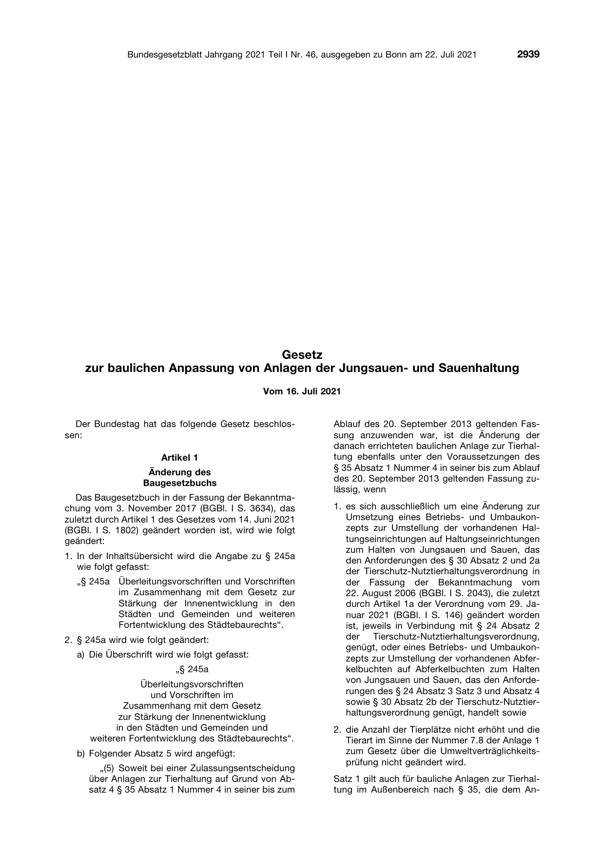 BGBl. 2021, Seite 2939 — Originalseite als Abbildung