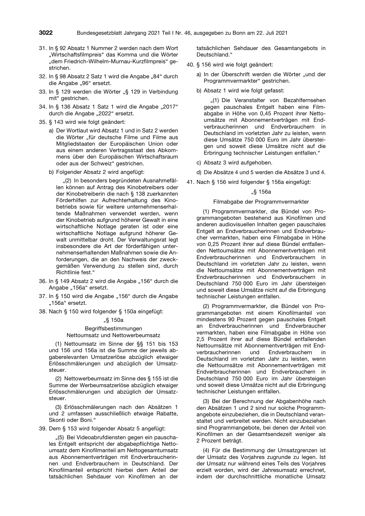 BGBl. 2021, Seite 3022 — Originalseite als Abbildung