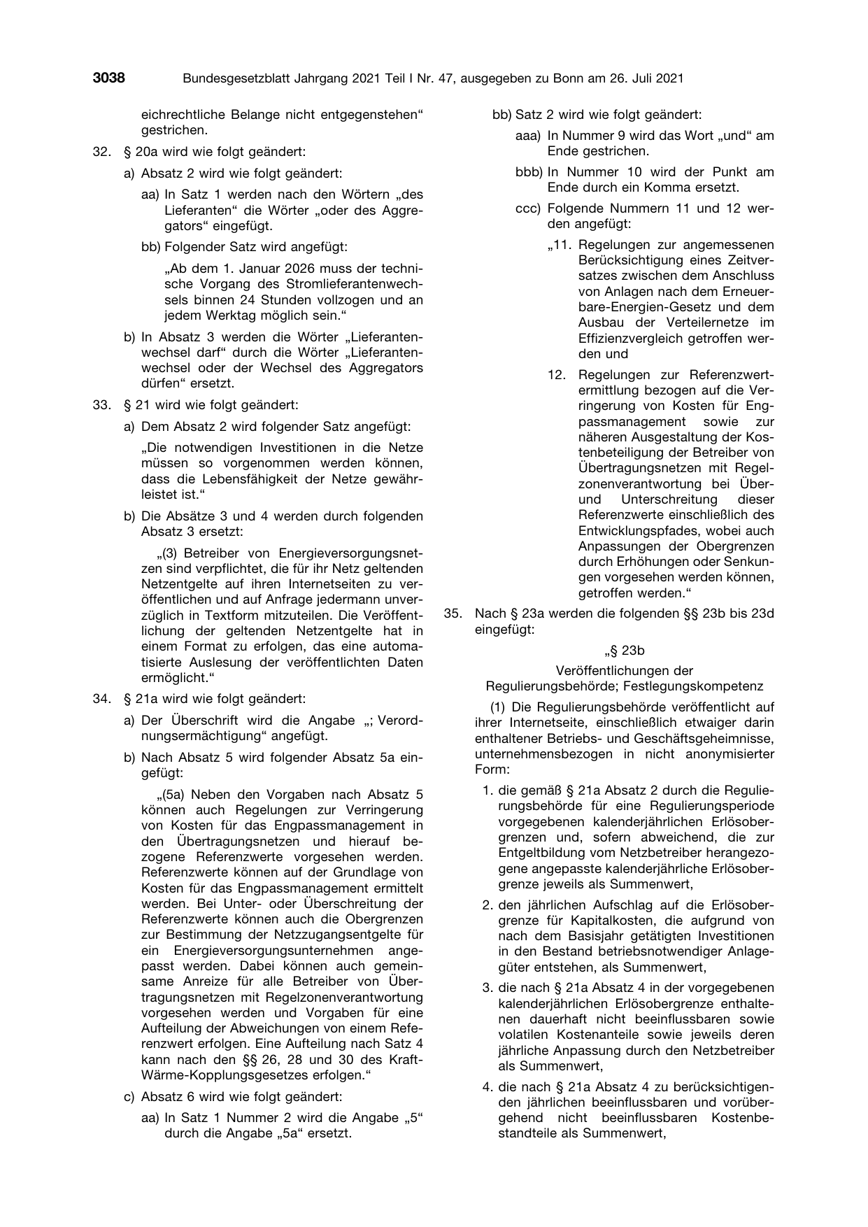 BGBl. 2021, Seite 3038 — Originalseite als Abbildung