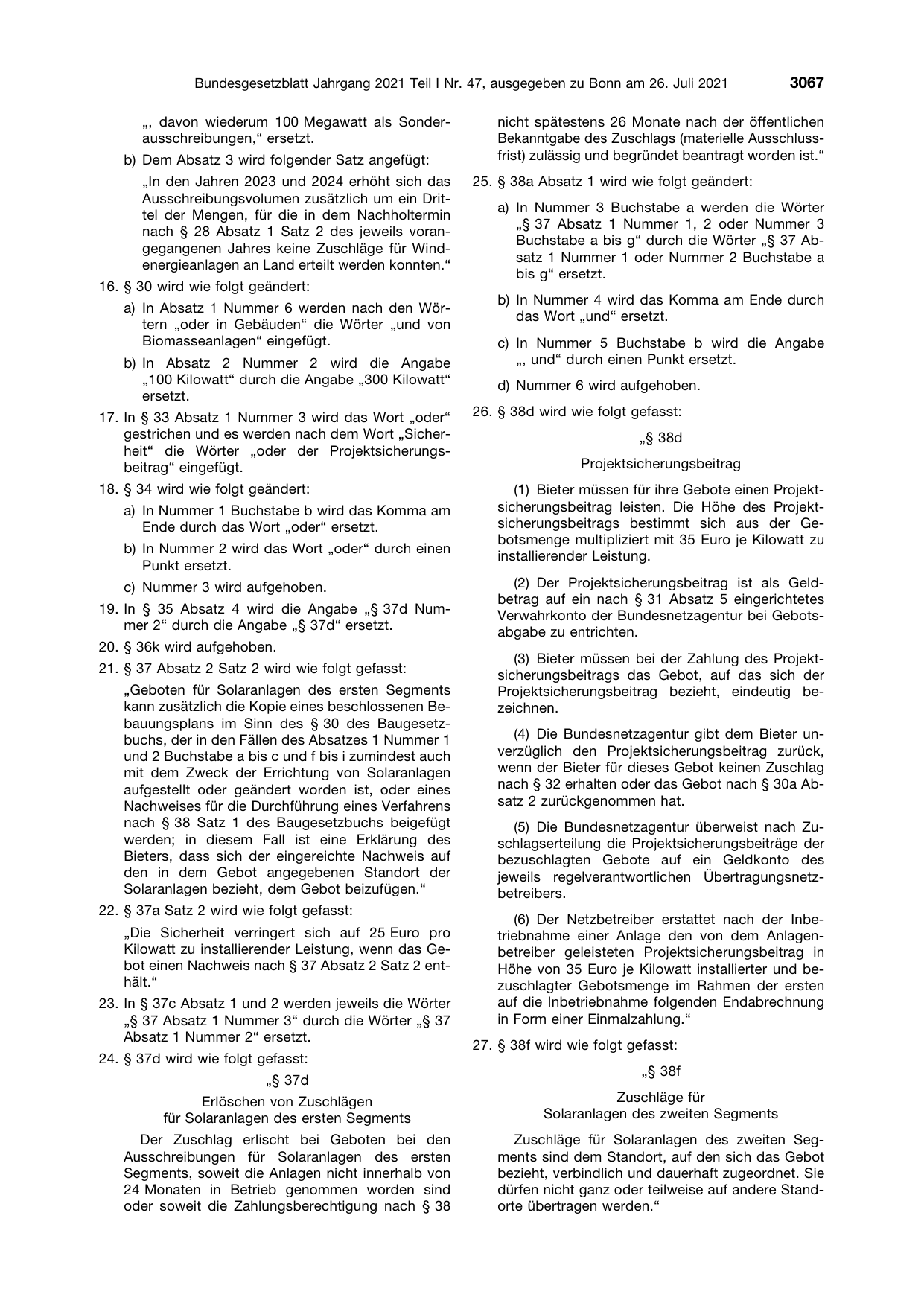 BGBl. 2021, Seite 3067 — Originalseite als Abbildung