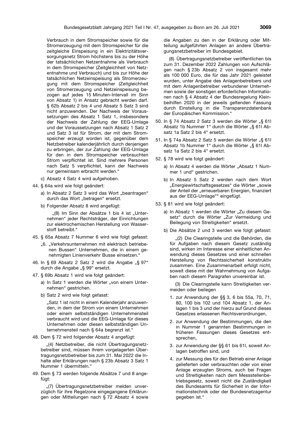 BGBl. 2021, Seite 3069 — Originalseite als Abbildung