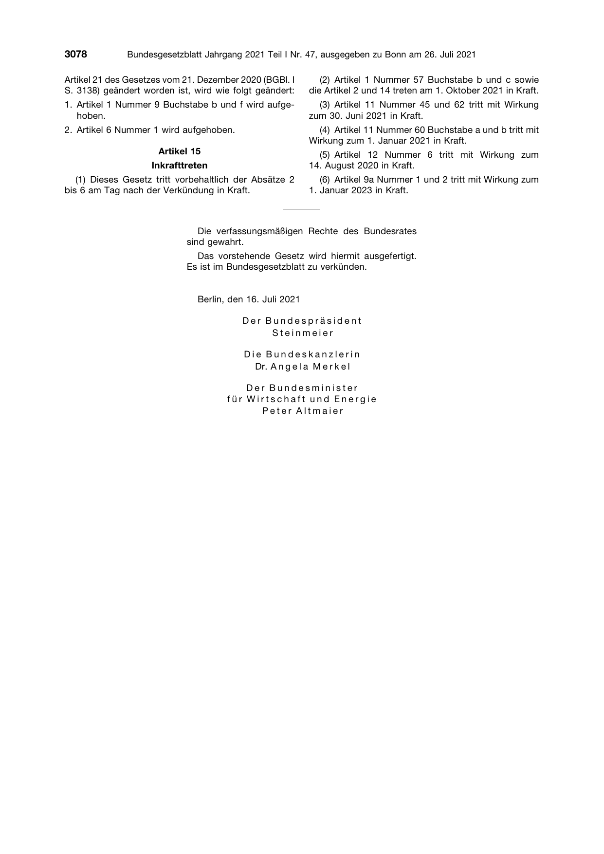 BGBl. 2021, Seite 3078 — Originalseite als Abbildung
