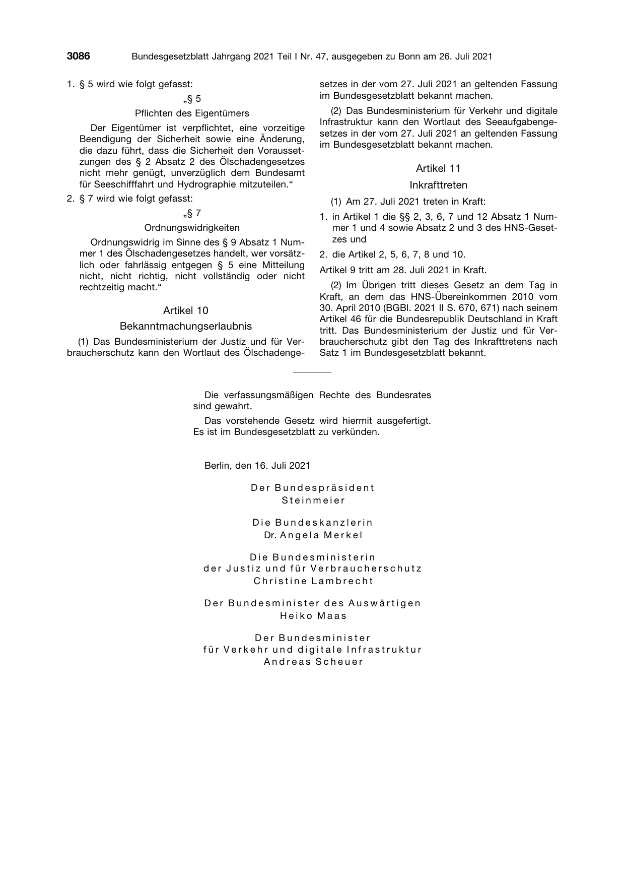 BGBl. 2021, Seite 3086 — Originalseite als Abbildung