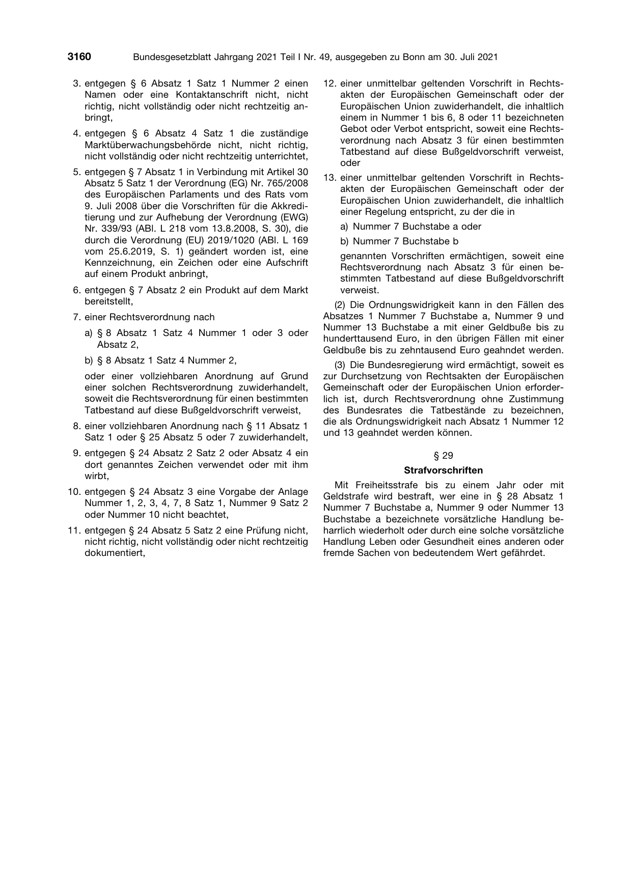 BGBl. 2021, Seite 3160 — Originalseite als Abbildung