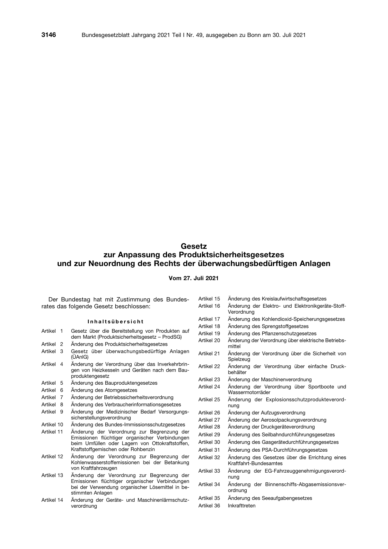 BGBl. 2021, Seite 3146 — Originalseite als Abbildung