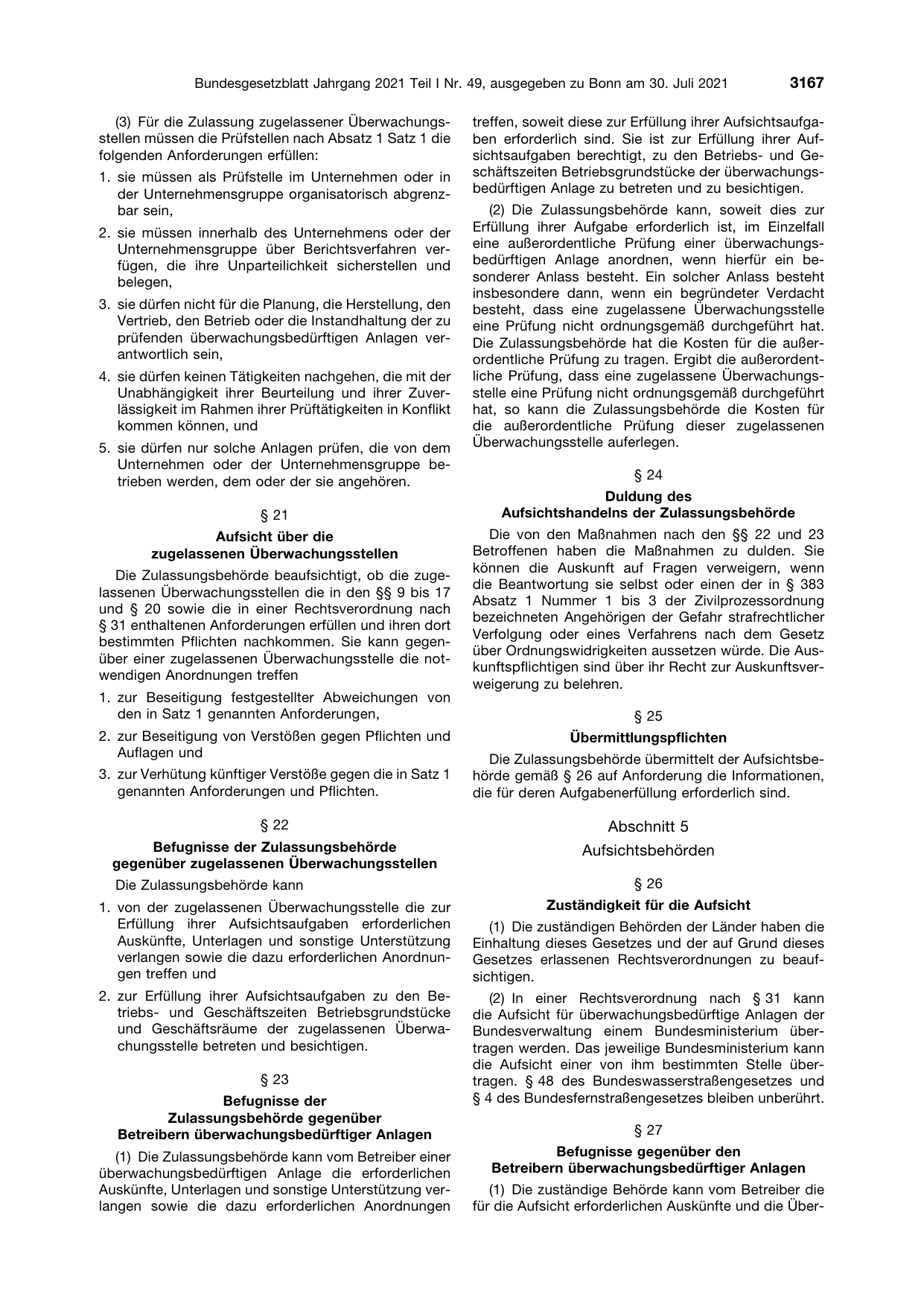 BGBl. 2021, Seite 3167 — Originalseite als Abbildung