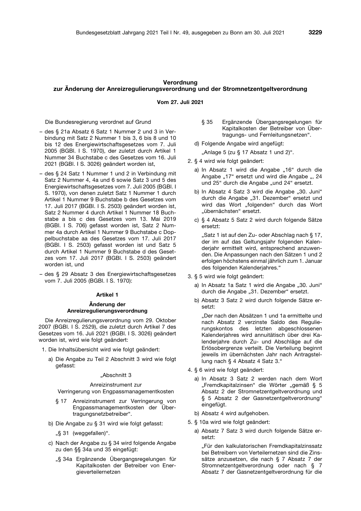 BGBl. 2021, Seite 3229 — Originalseite als Abbildung