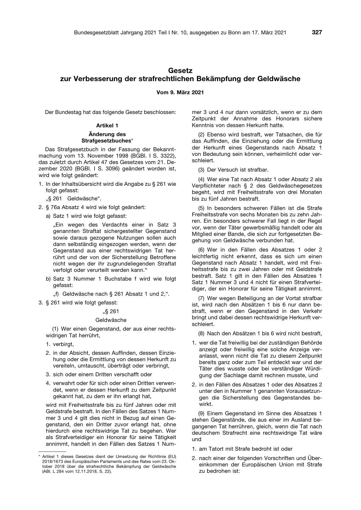 BGBl. 2021, Seite 327 — Originalseite als Abbildung