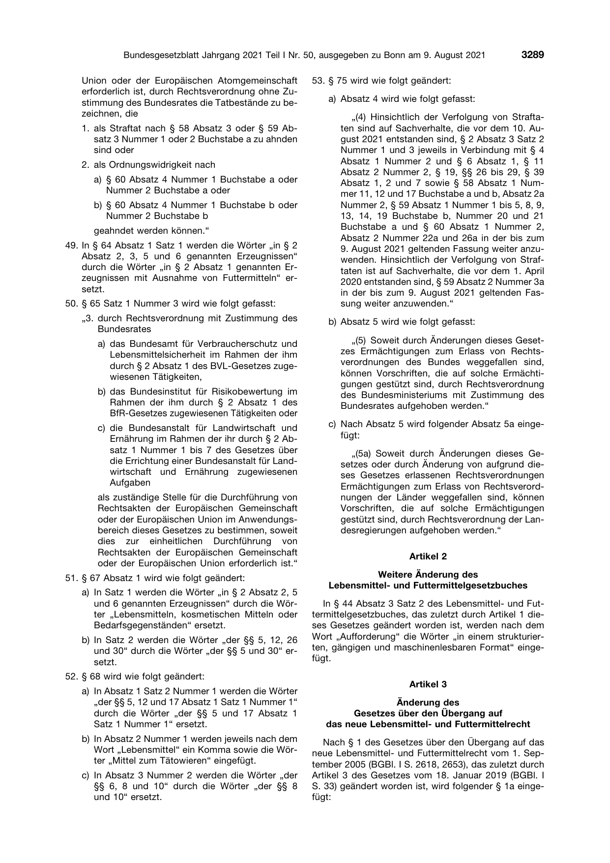 BGBl. 2021, Seite 3289 — Originalseite als Abbildung