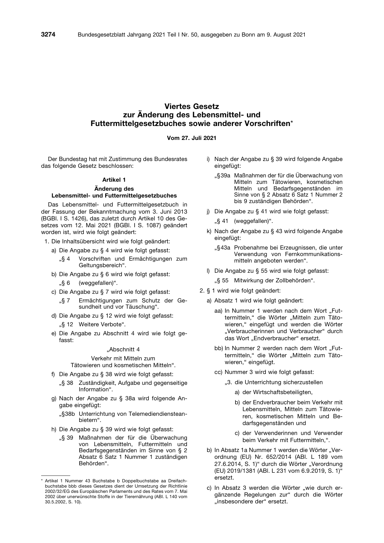 BGBl. 2021, Seite 3274 — Originalseite als Abbildung