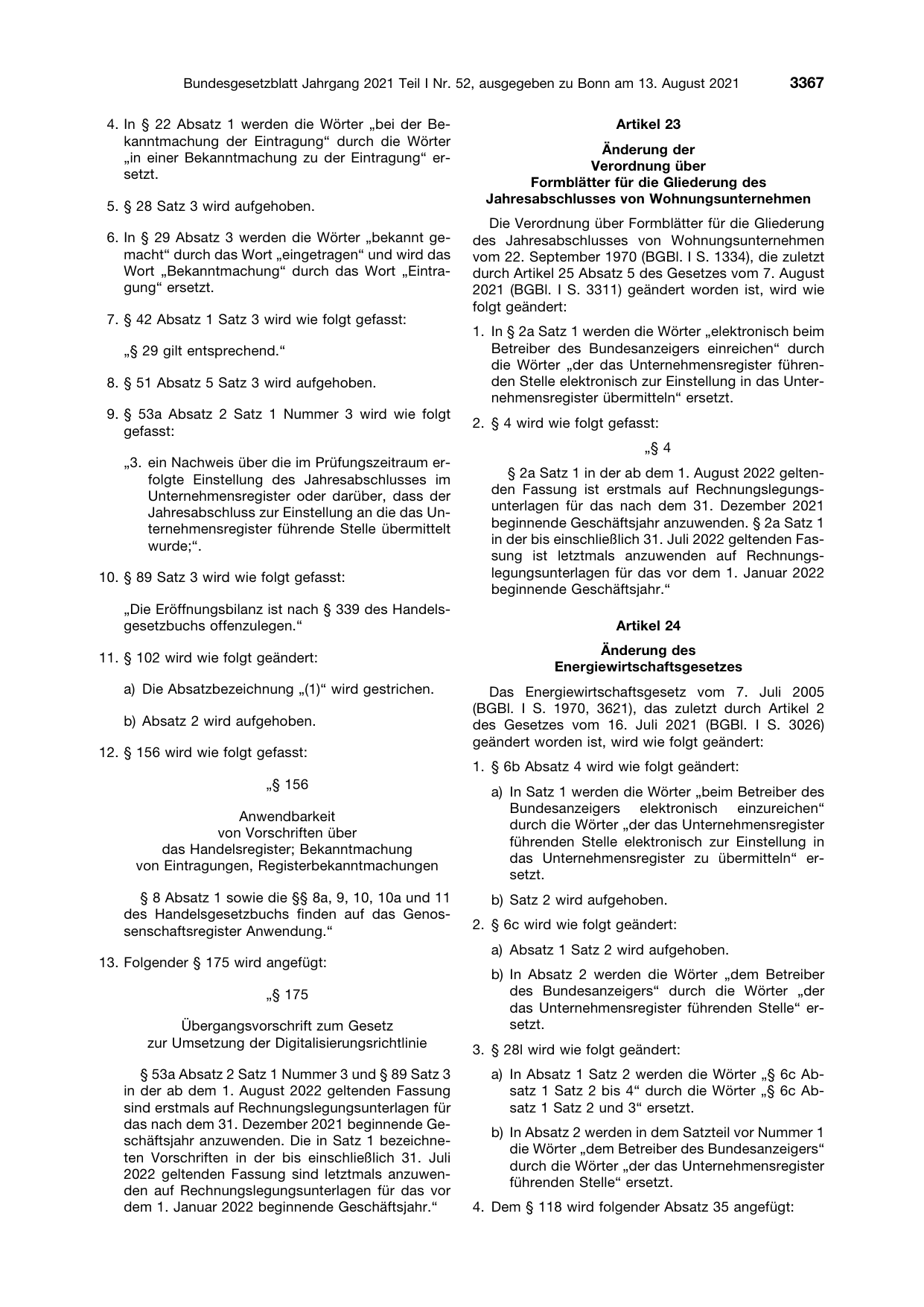BGBl. 2021, Seite 3367 — Originalseite als Abbildung