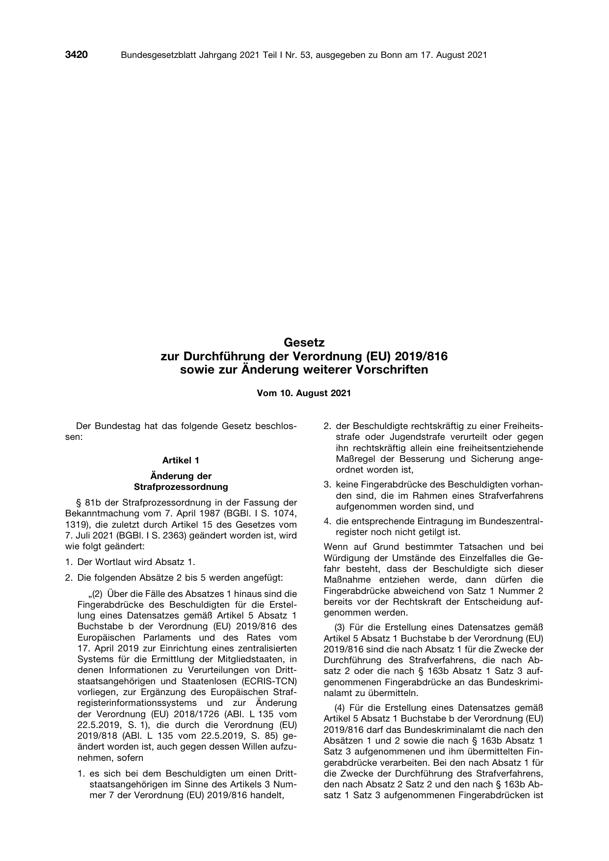 BGBl. 2021, Seite 3420 — Originalseite als Abbildung