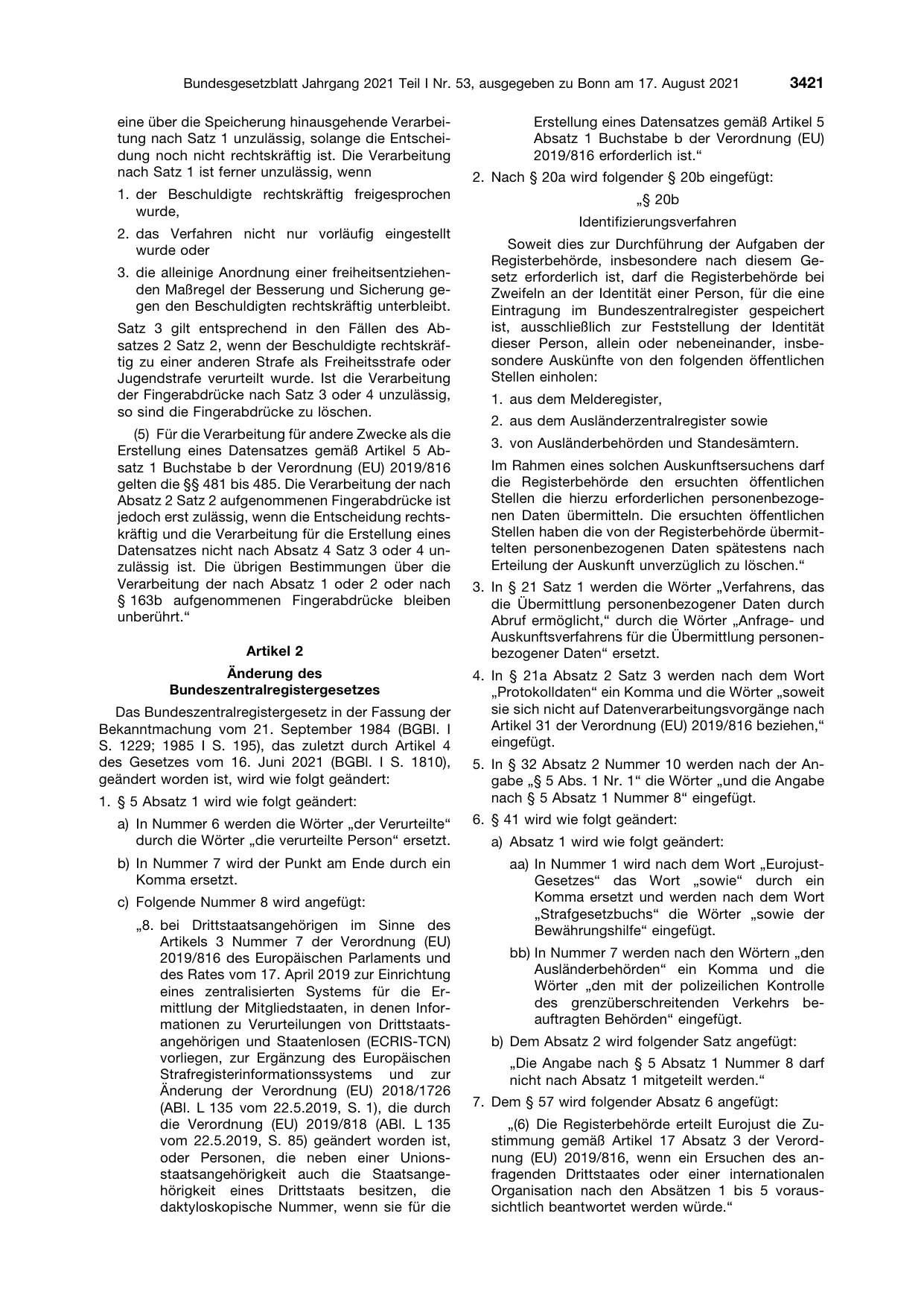 BGBl. 2021, Seite 3421 — Originalseite als Abbildung