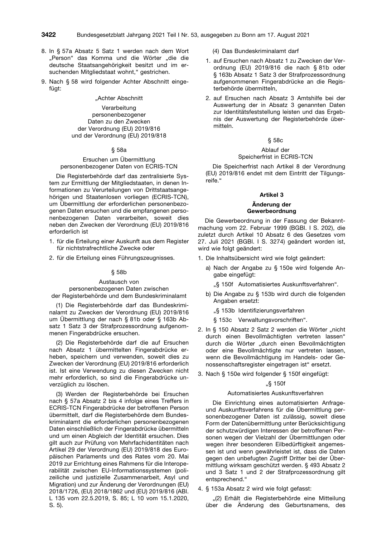 BGBl. 2021, Seite 3422 — Originalseite als Abbildung
