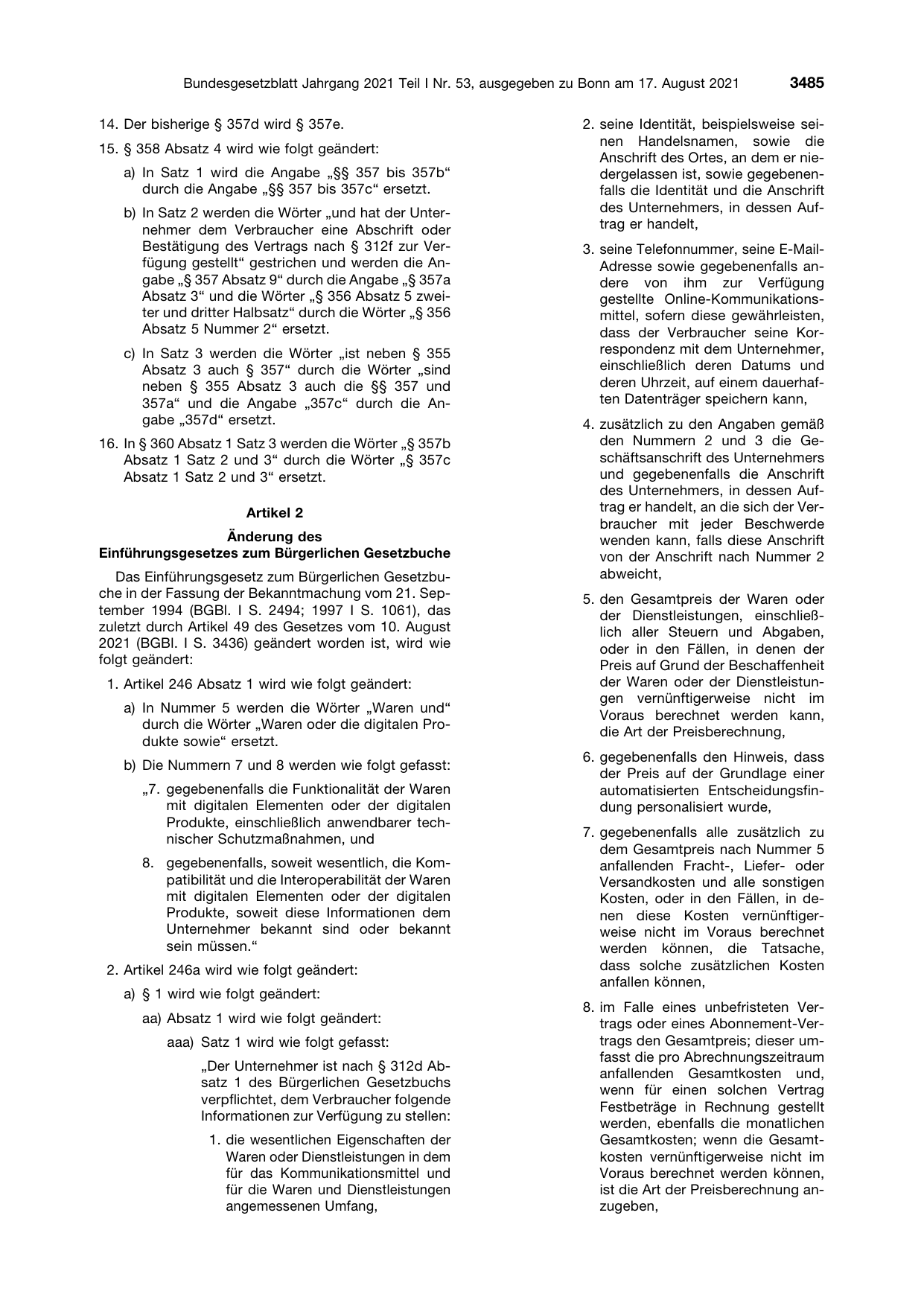 BGBl. 2021, Seite 3485 — Originalseite als Abbildung