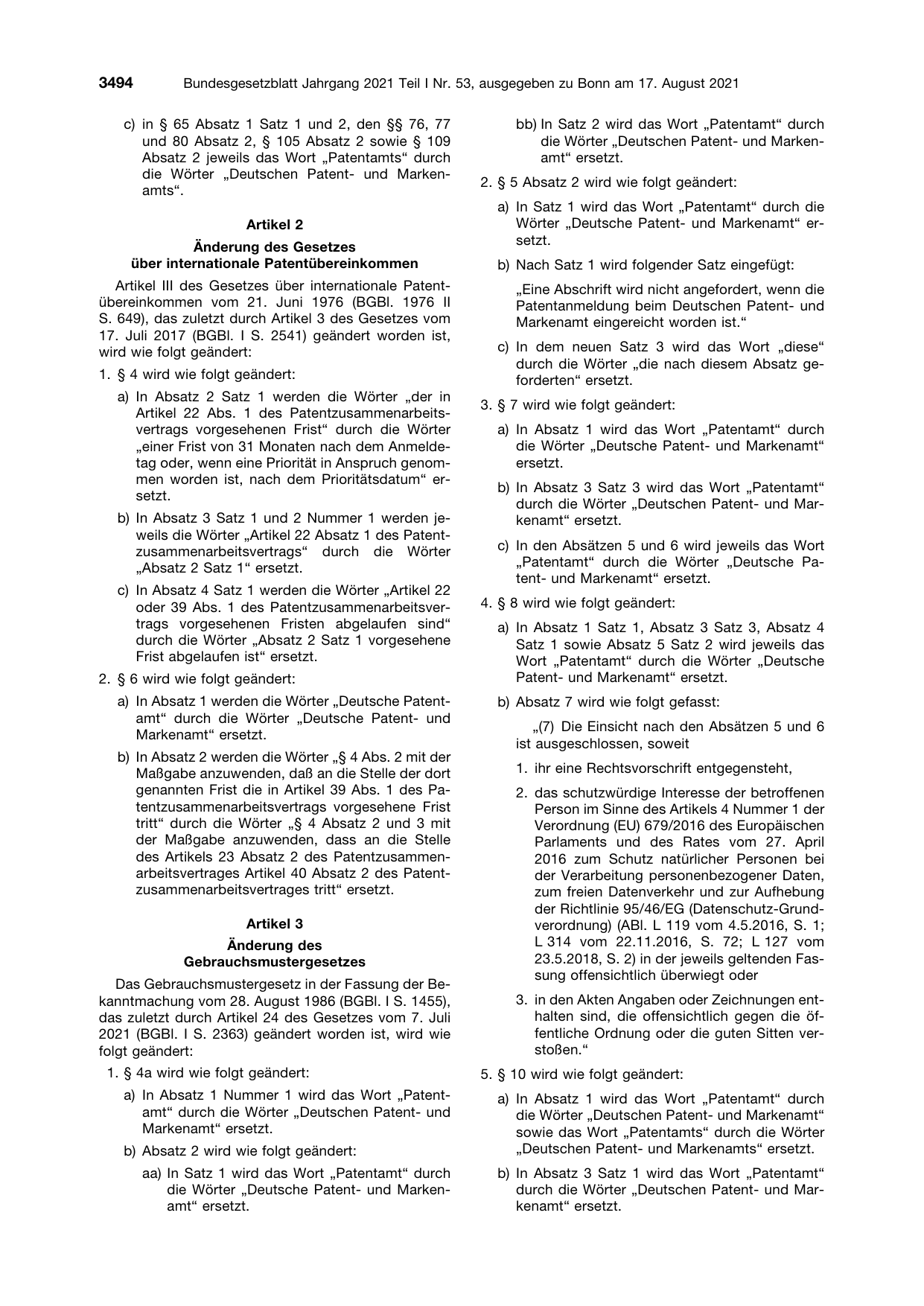 BGBl. 2021, Seite 3494 — Originalseite als Abbildung