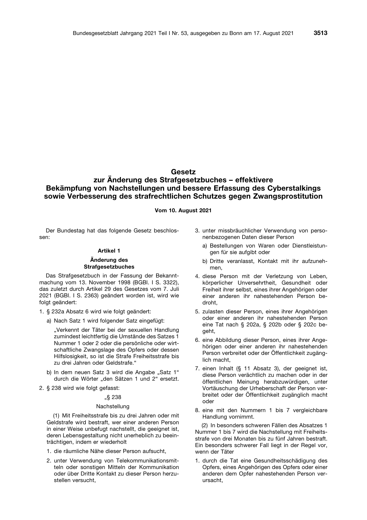 BGBl. 2021, Seite 3513 — Originalseite als Abbildung