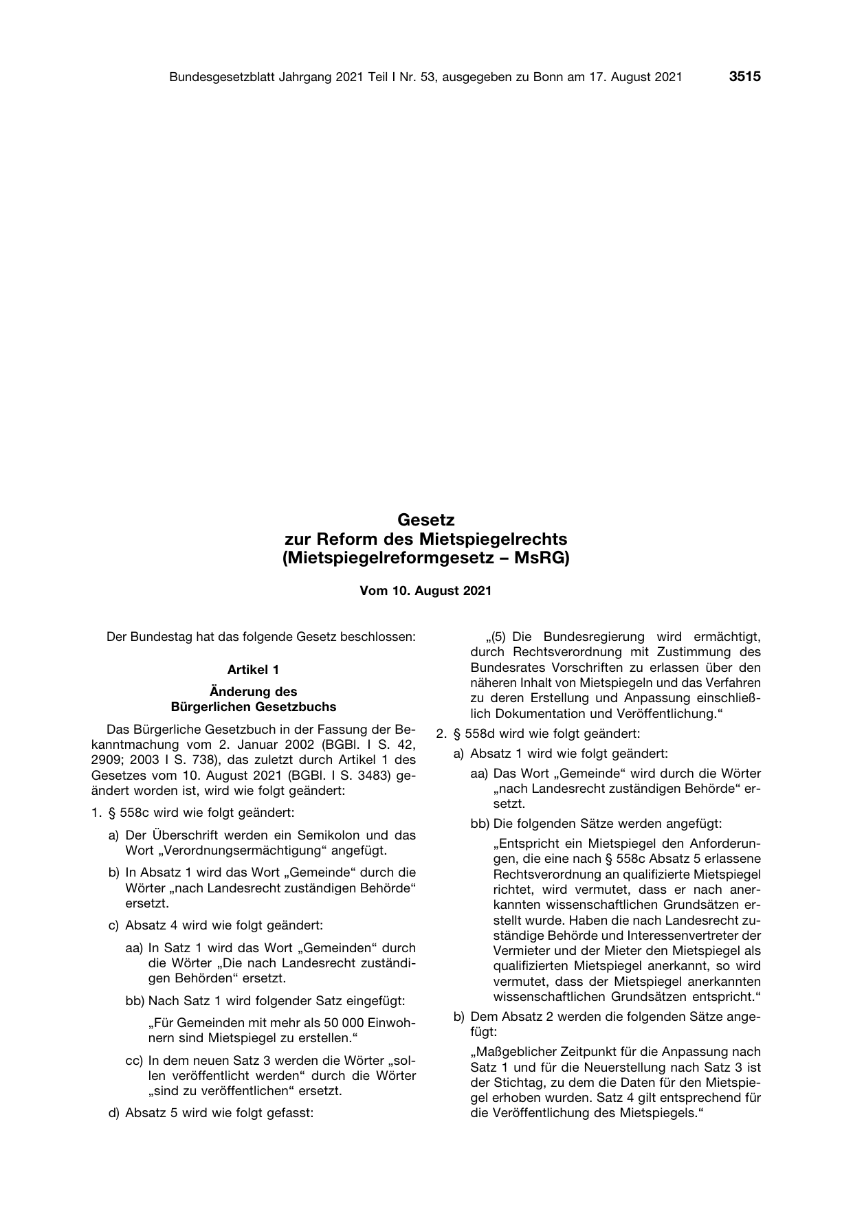 BGBl. 2021, Seite 3515 — Originalseite als Abbildung