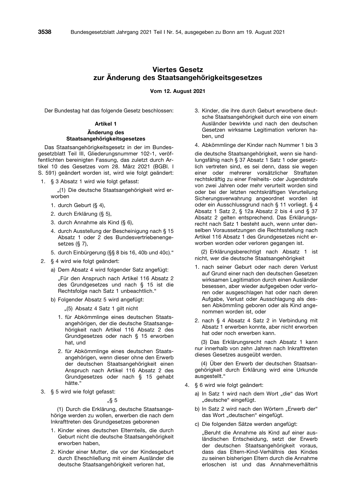 BGBl. 2021, Seite 3538 — Originalseite als Abbildung