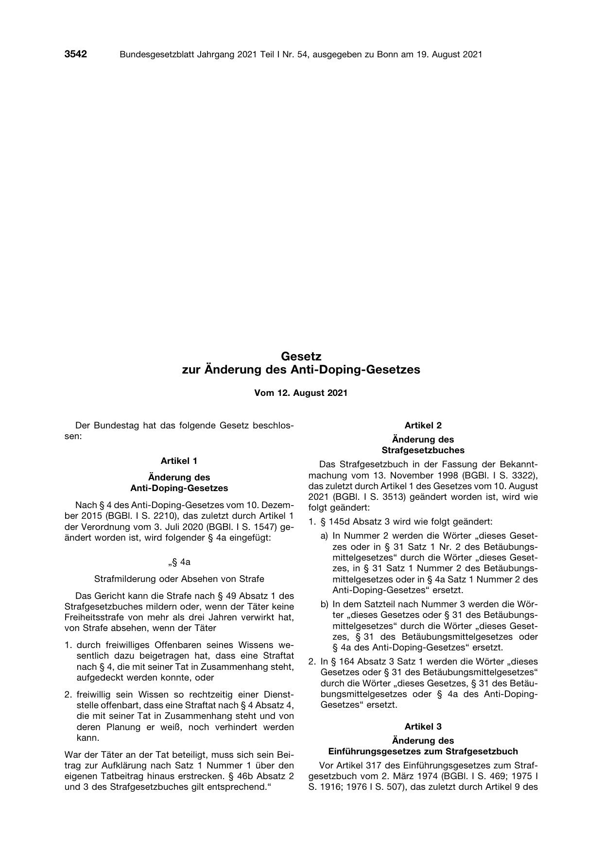 BGBl. 2021, Seite 3542 — Originalseite als Abbildung