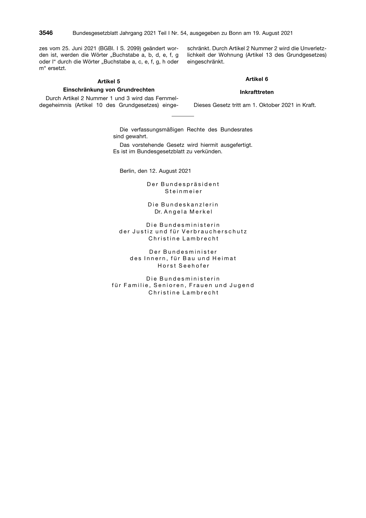 BGBl. 2021, Seite 3546 — Originalseite als Abbildung