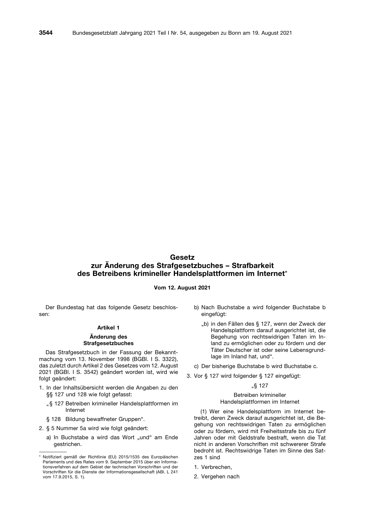 BGBl. 2021, Seite 3544 — Originalseite als Abbildung