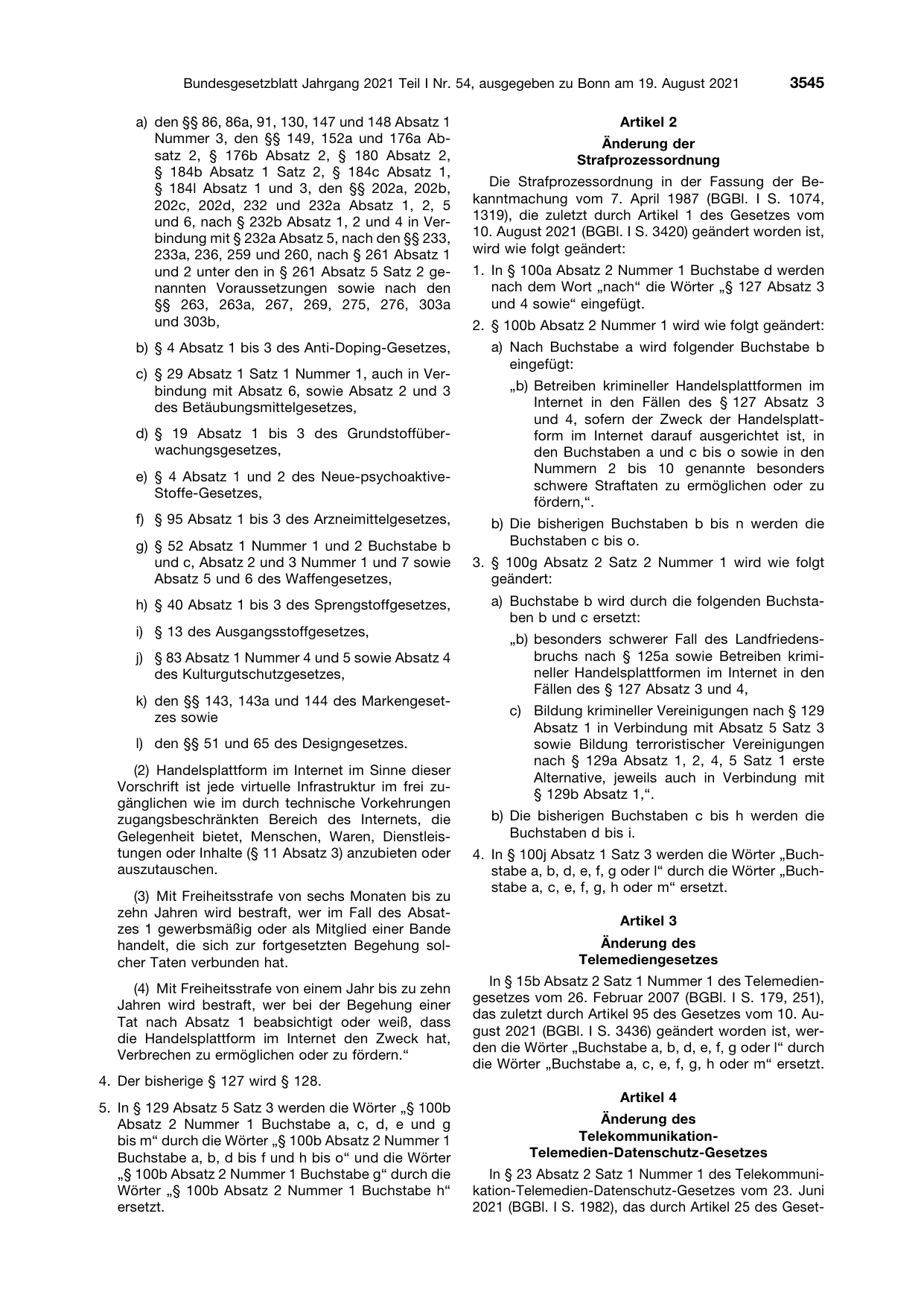BGBl. 2021, Seite 3545 — Originalseite als Abbildung