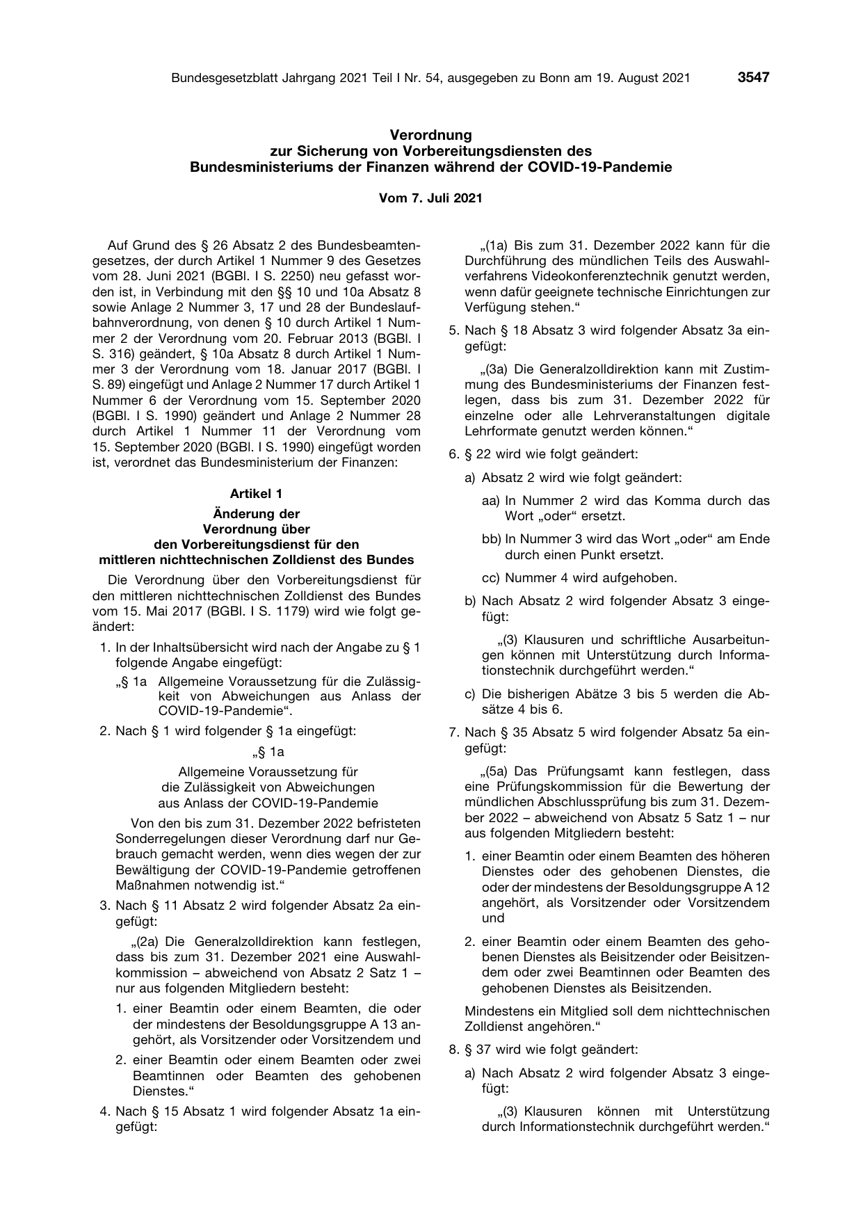 BGBl. 2021, Seite 3547 — Originalseite als Abbildung